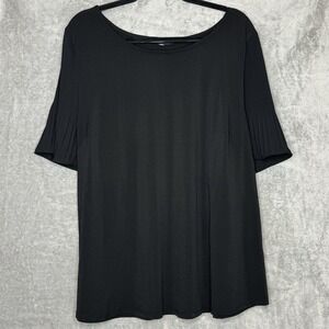 Adrianna Papell 2X Shirt Top Black Solid Flutter Short Sleeve Boat Neck Stretch